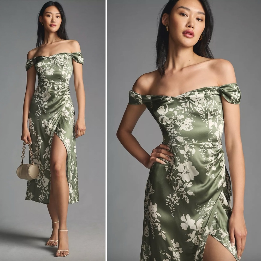 Reformation Olive Green Floral Off-Shoulder Midi Dress